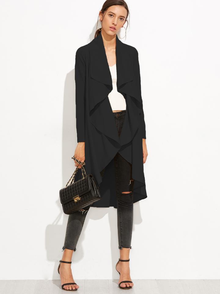 Romwe Black Drape Front Dip Hem Coat