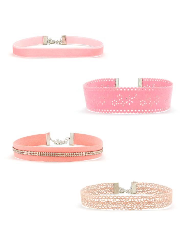 Romwe Rhinestone Cut Out Velvet Choker Set 4pcs