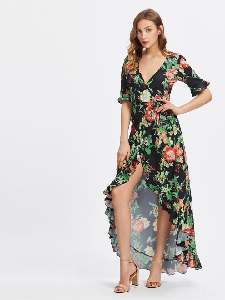 Romwe Tie Waist Ruffle Hem Wrap High Low Dress