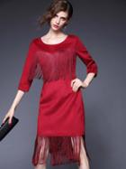 Romwe Win Red Round Neck Length Sleeve Tassel Dress
