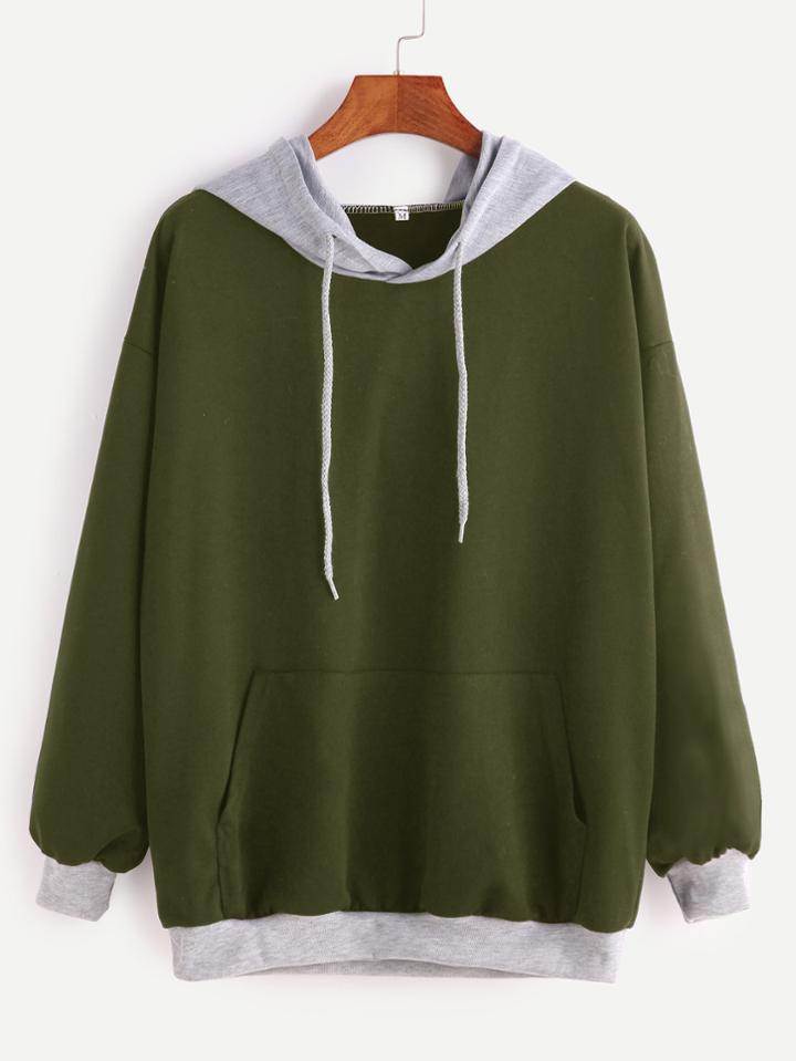 Romwe Army Green Contrast Drop Shoulder Drawstring Pocket Hoodie