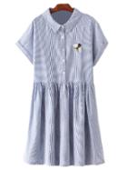 Romwe Blue Short Sleeve Bee Embroidery Stripe Dress