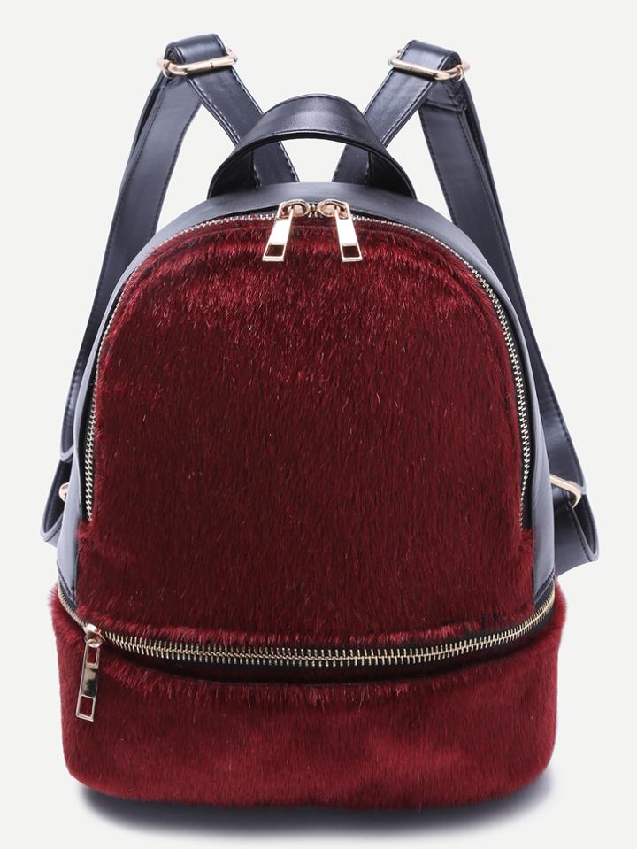 Romwe Burgundy Faux Fur Covered Zip Front Backpack