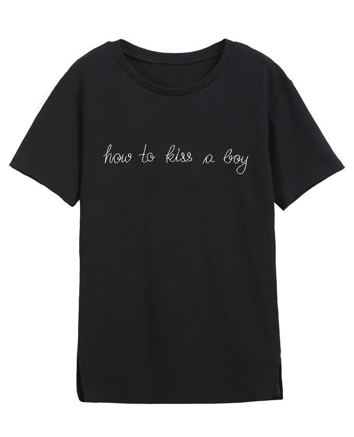 Romwe Letters Embroidered Split Black T-shirt