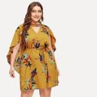 Romwe Plus Belted Floral Print Cape Dress