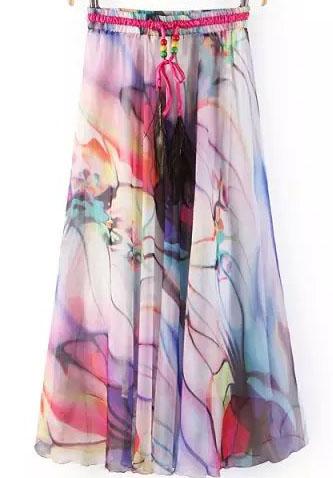 Romwe Drawstring Florals Pleated Pink Skirt