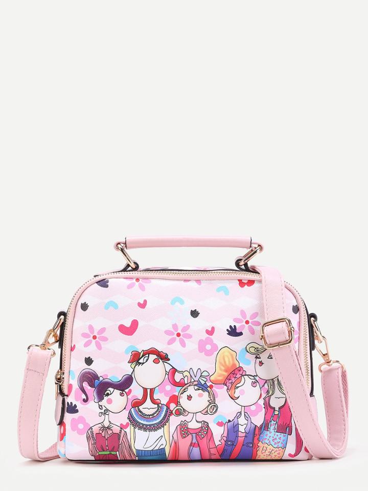 Romwe Cartoon Print Pu Shoulder Bag