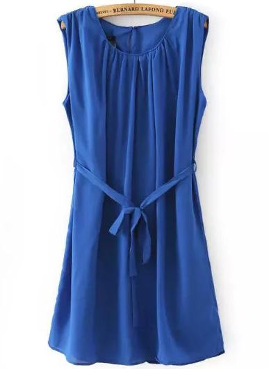 Romwe Blue Sleeveless Tie-waist Slim Dress
