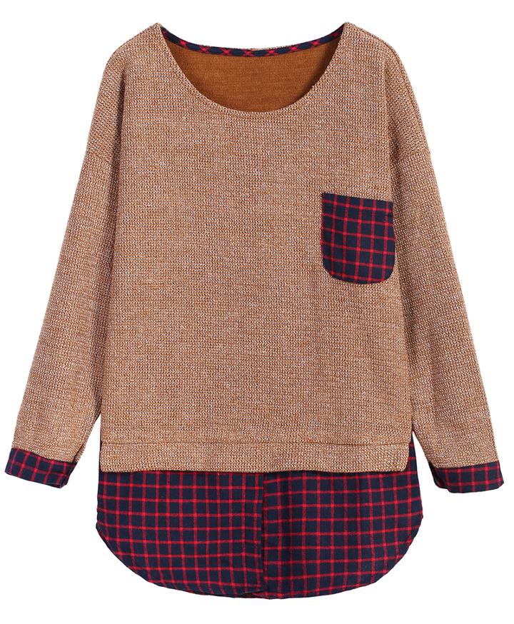 Romwe Contrast Plaid Hem Loose Khaki Sweater