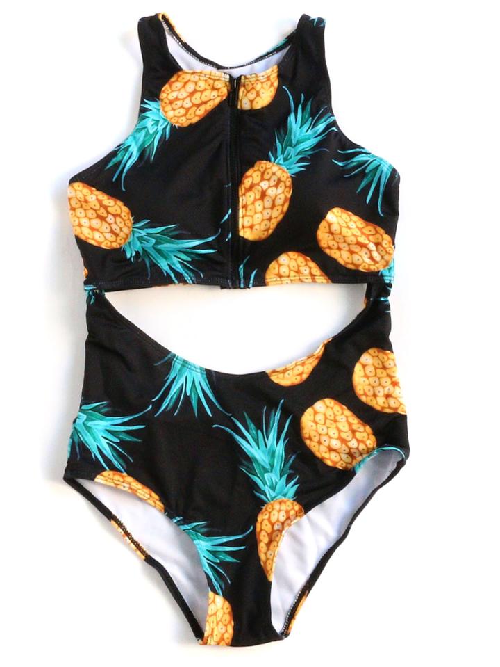 Romwe Black Pineapple Print Cutout One-piece Swimwear