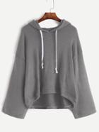 Romwe Grey Drop Shoulder High Low Drawstring Hooded Sweater