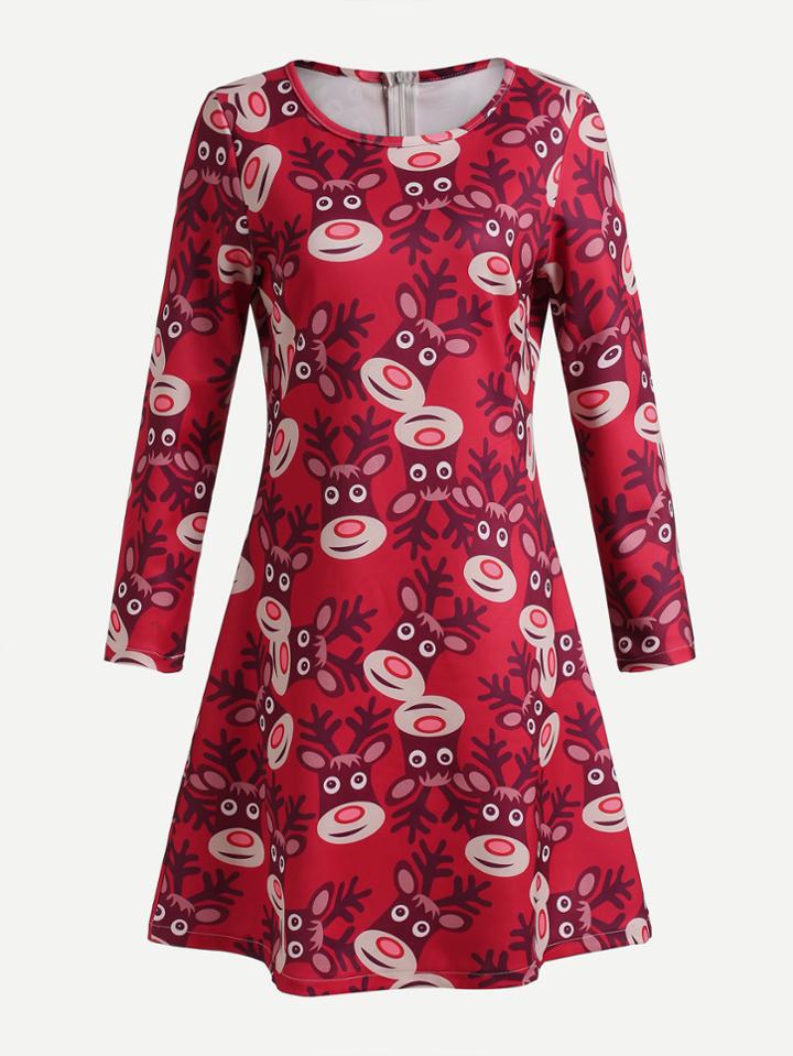 Romwe Elk Print Zip Up Back Dress