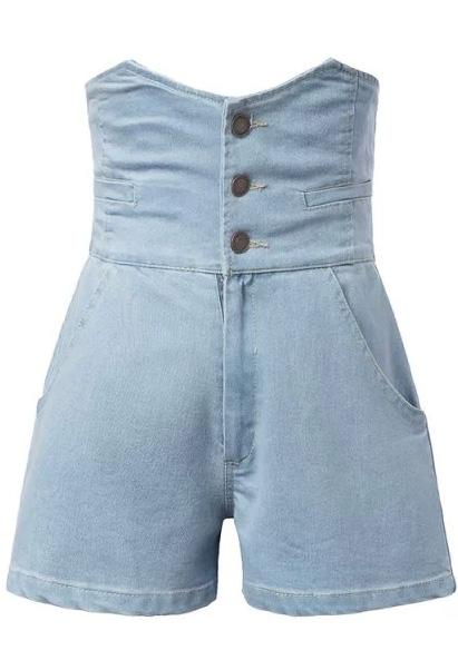 Romwe High Waist Single-breasted Denim Light Blue Shorts