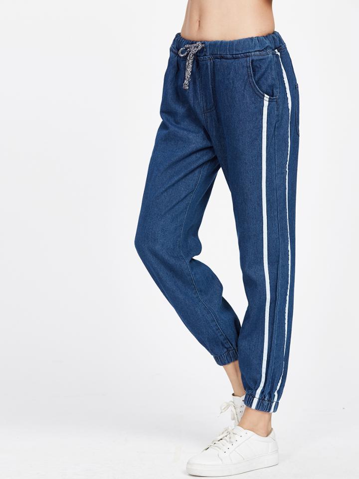 Romwe Blue Striped Denim Drawstring Waist Jogger Pants
