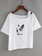 Romwe Dog Print Asymmtric Shoulder T-shirt