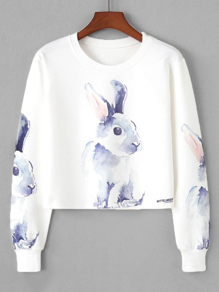 Romwe Rabbit Print Crop Sweatshirt