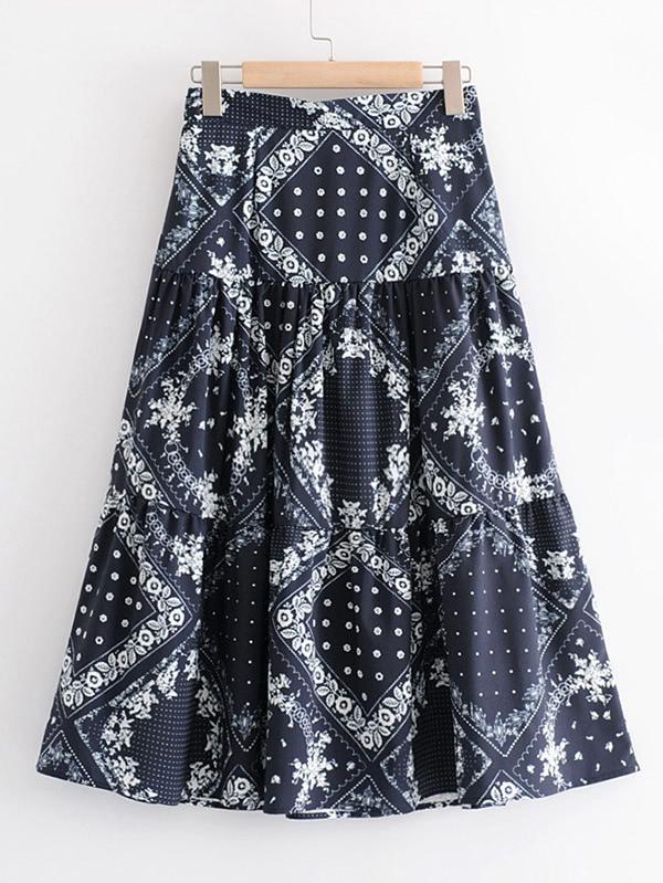 Romwe Floral Print Tiered Skirt