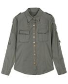 Romwe Epaulet Ripped Buttons Loose Army Green Blouse