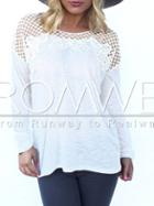 Romwe White Long Sleeve Split Back Hollow T-shirt