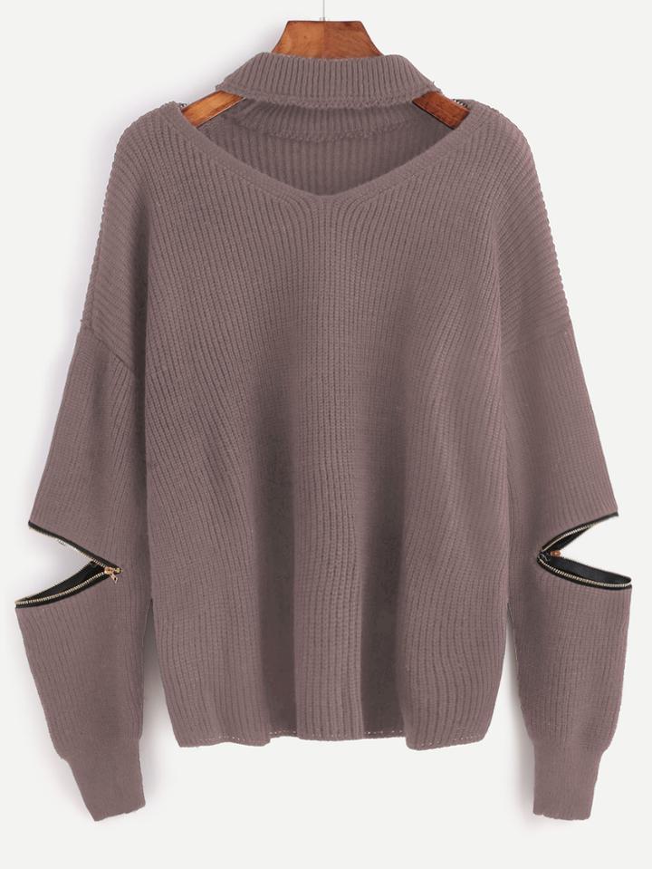 Romwe Choker V Neck Sweater With Sleeve Zip Detail