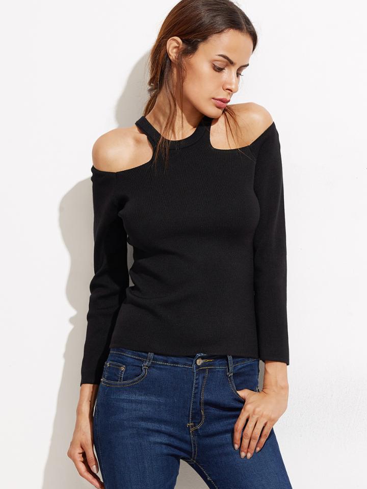 Romwe Black Open Shoulder Ribbed Sweater