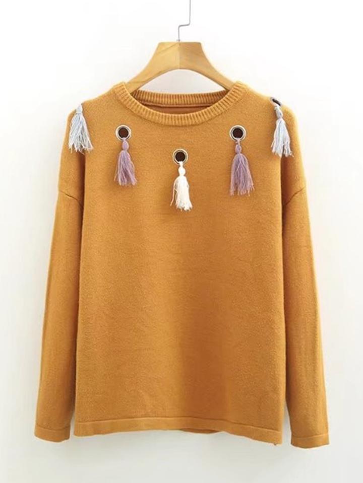 Romwe Eyelet & Tassel Embellished Knitwear