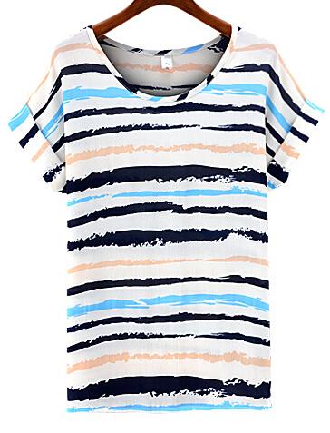 Romwe Cuffed Striped Blue Top
