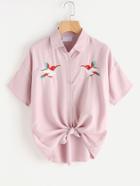 Romwe Bird Embroidered Knot Front Shirt