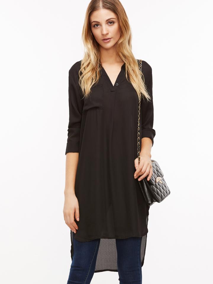 Romwe Black Dip Hem Slit Side Pocket Chiffon Blouse
