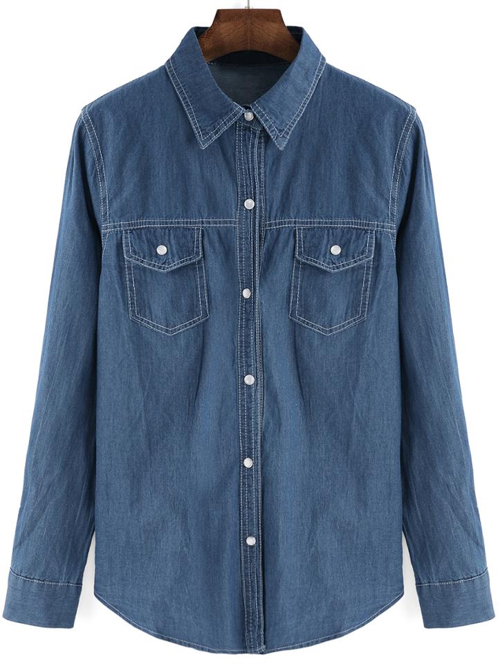 Romwe Lapel Buttons Pockets Denim Blue Blouse