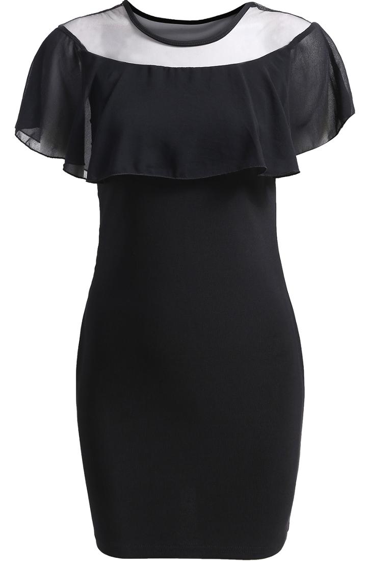 Romwe Black Sheer Mesh Ruffle Slim Bodycon Dress