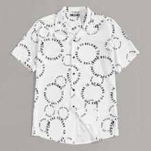 Romwe Guys Button Up Notched Letter Print Shirt