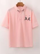 Romwe Cat Print Polo T-shirt - Pink