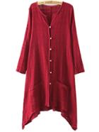Romwe Burgundy Assymetrical Colarless Pocket Shirt Dress