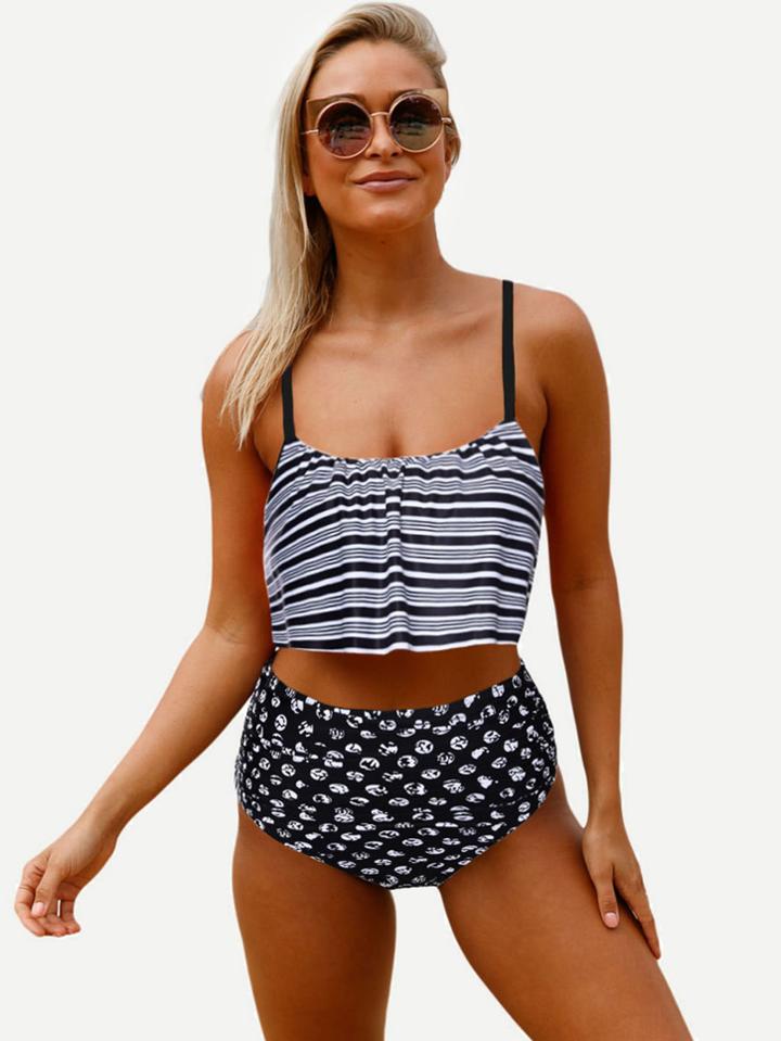 Romwe Striped Print High Waist Mix & Match Bikini Set