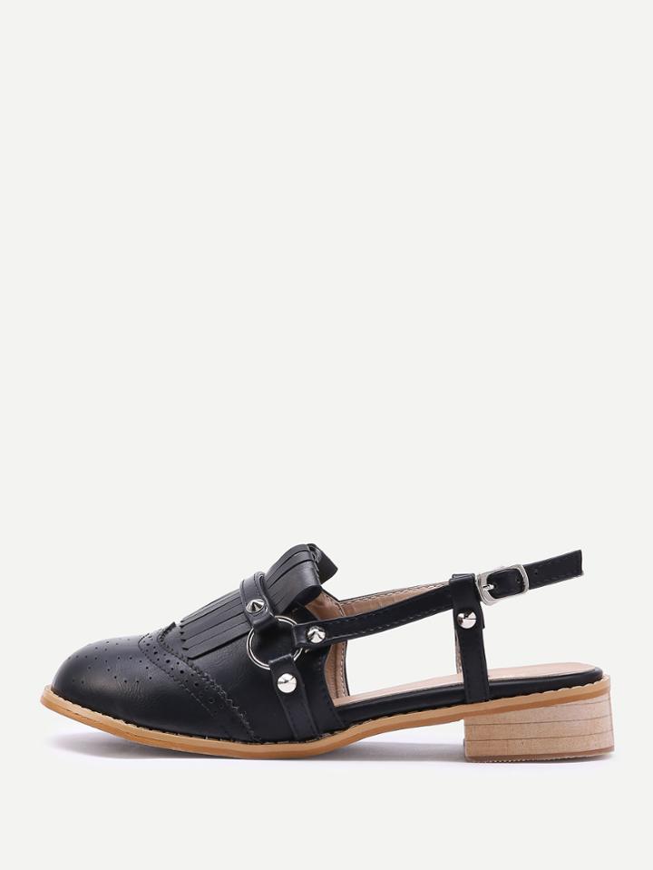 Romwe Tassel Design Laser Cut Heeled Shoes With Studded
