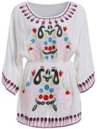 Romwe Round Neck Floral Embroidered Shift White Dress