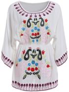 Romwe Round Neck Floral Embroidered Shift White Dress