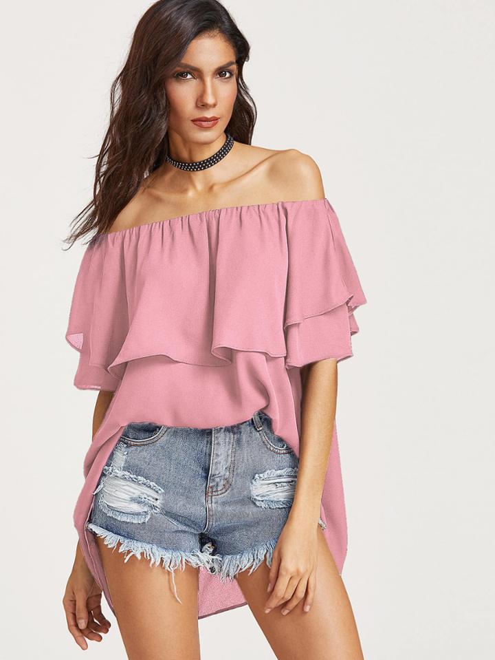 Romwe Flounce Layered Neckline Dip Hem Top