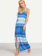 Romwe Double V-neck Ombre Striped Slit Cami Dress - Blue