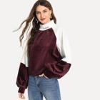 Romwe Bishop Sleeve Letter Embroidery Velvet Sweatshirt