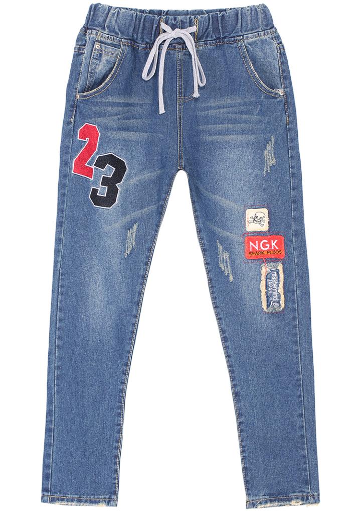 Romwe Number Print Drawstring Blue Denim Pant