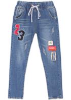 Romwe Number Print Drawstring Blue Denim Pant