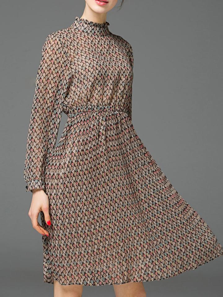 Romwe Grey High Neck Leaves A-line Dress
