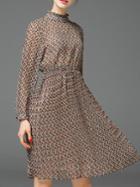Romwe Grey High Neck Leaves A-line Dress
