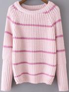 Romwe Bat Sleeve Striped Pink Sweater