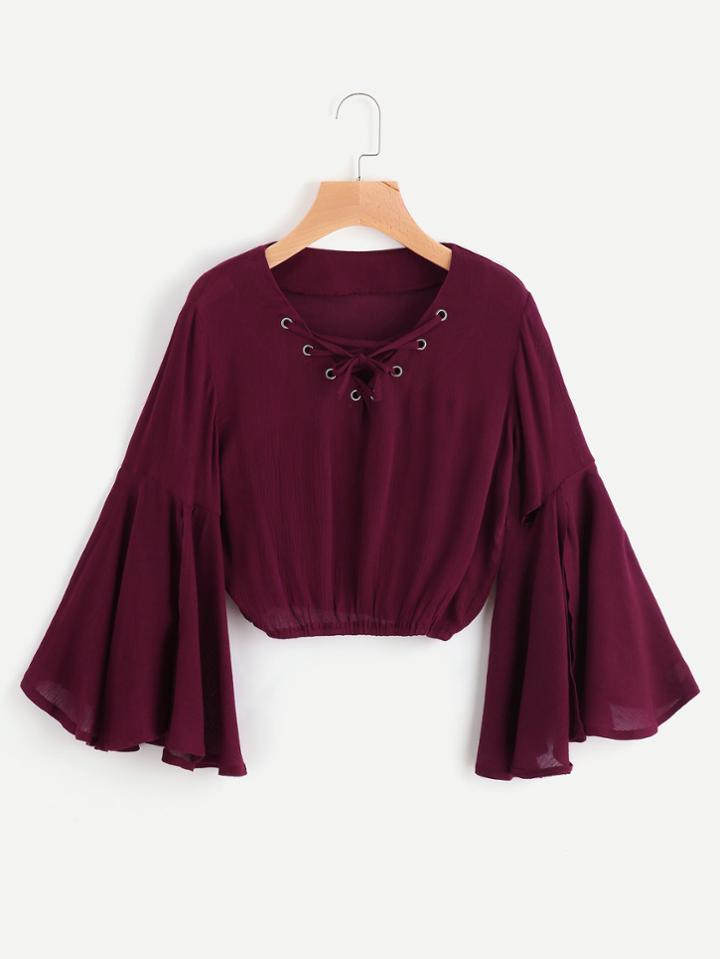 Romwe Trumpet Sleeve Eyelet Lace Up Elastic Hem Blouse