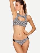Romwe Black White Striped Cutout Racerback Bikini Set