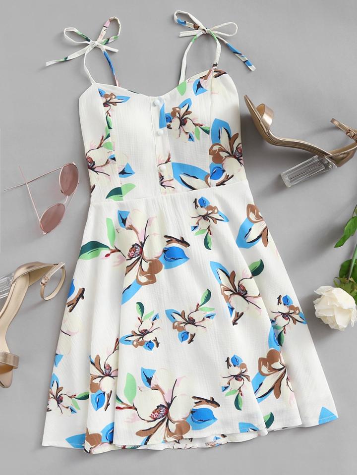 Romwe Floral Print Pleated Back Knot Cami Dress