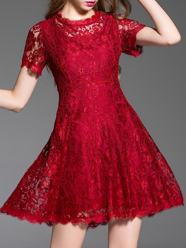 Romwe Burgundy Crew Neck A-line Lace Dress